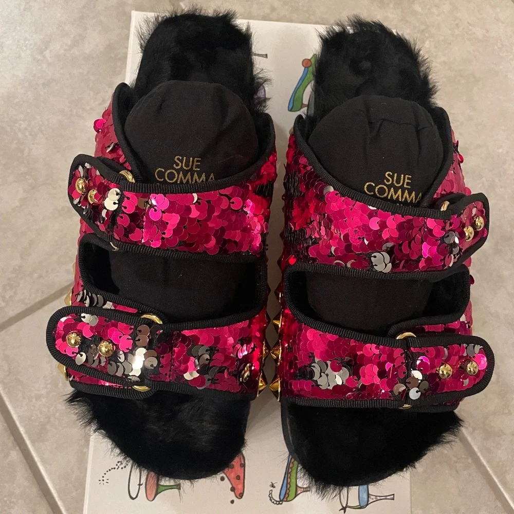 SUECOMMA BONNIE SCB Collection Pink/Silver Sequin Faux Fur Slide Size 38